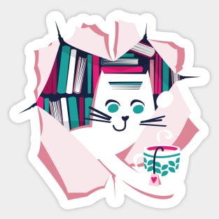 Bookish cat // white cat with tea mug teal white fuchsia and pastel pink books Sticker